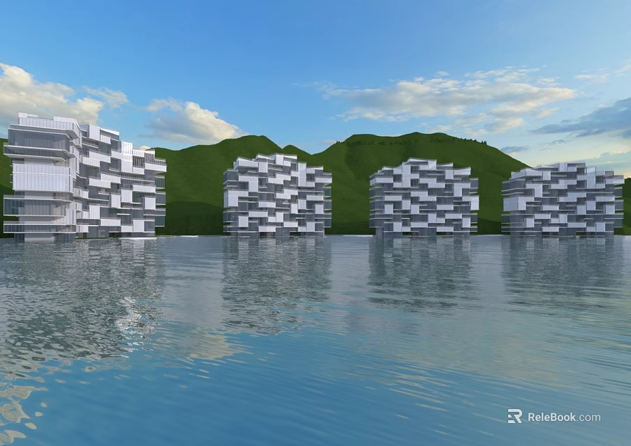 Modern Office Buildings Architecture by Waterfront with Green Hills and Blue Sky 3d model 