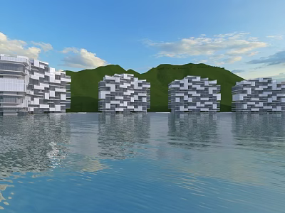 Modern Office Buildings Architecture by Waterfront with Green Hills and Blue Sky 3d model