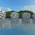 Modern Office Buildings Architecture by Waterfront with Green Hills and Blue Sky
