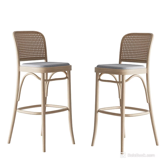 Stylish Rattan Backrest Bar Stools With Light Wood Frame And Light Blue Cushion 3d model 
