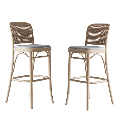 Stylish Rattan Backrest Bar Stools With Light Wood Frame And Light Blue Cushion 3d model
