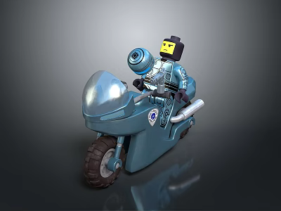 Detailed Blue Lego Style Motorcycle With Silver Parts Helmeted Rider And Exhaust Pipe Badge 3d model