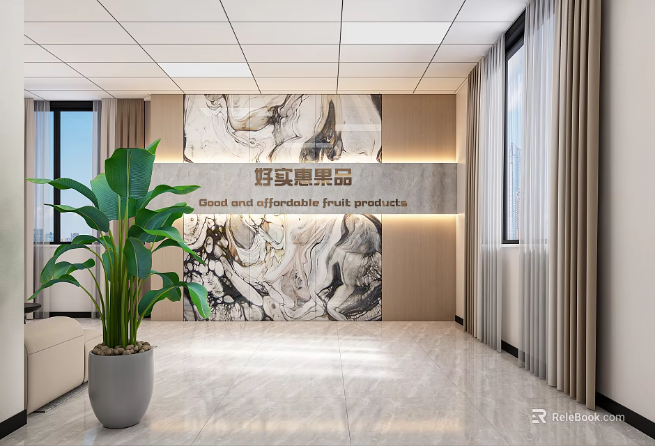 Bright Clean Front Desk Reception Area with Marble Backdrop Green Plant and Fruit Products 3d model 