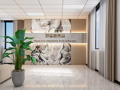 Bright Clean Front Desk Reception Area with Marble Backdrop Green Plant and Fruit Products 3d model