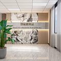 Bright Clean Front Desk Reception Area with Marble Backdrop Green Plant and Fruit Products