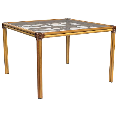 Square Dining Table With Glass Top Carved Wooden Frame And Decorative Legs 3d model