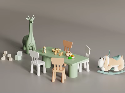 Green Kids Table With Wooden Chairs Giraffe Toy Rocking Horse And Building Blocks 3d model