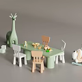 Green Kids Table With Wooden Chairs Giraffe Toy Rocking Horse And Building Blocks