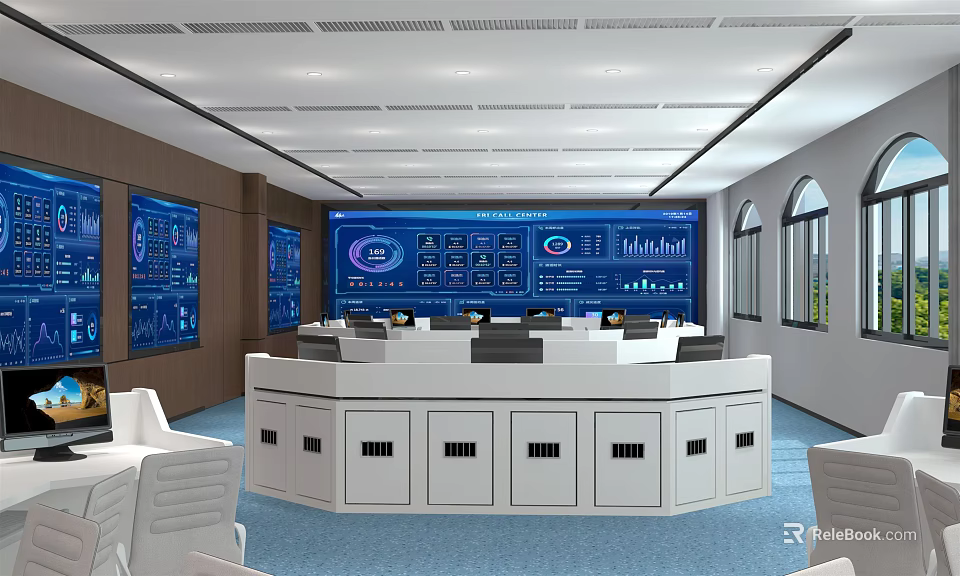 Modern Monitoring Room Interior With Large Screens Data Charts And Control Consoles 3d model 