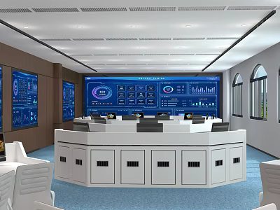 Modern Monitoring Room Interior With Large Screens Data Charts And Control Consoles 3d model