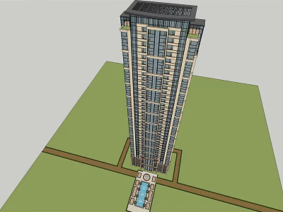 Modern High Rise Building With Green Surroundings And Central Plaza Pathway 3d model
