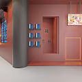 Elegant Chinese Style Clubhouse Corridor With Red Walls Blue Lattice Windows And Traditional Paintings