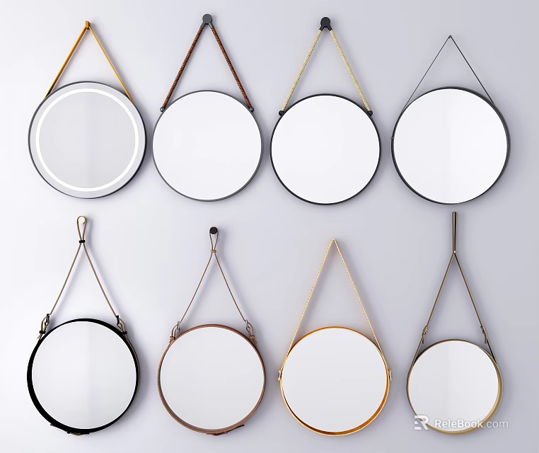 Stylish Round Wall Mirrors With Various Hanging Frames And Metal Hooks 3d model 