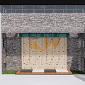 Outdoor Recreational Climbing Wall With Brick Wall Background Colorful Holds And Safety Mats