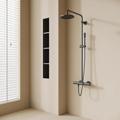 Modern Black Shower Head with Handheld in Beige Bathroom Featuring Window Blinds and Black Shelf 3d model