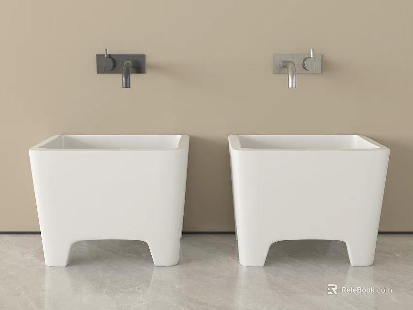 Modern Bathroom Accessories With White Square Washbasins And Wall Mounted Faucets 3d model 