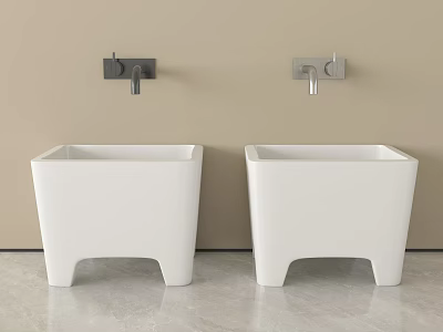 Modern Bathroom Accessories With White Square Washbasins And Wall Mounted Faucets 3d model