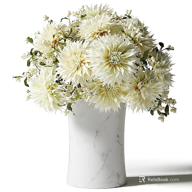 White Marble Vase with White Dahlia Flowers and Green Leaves Arrangement 3d model 