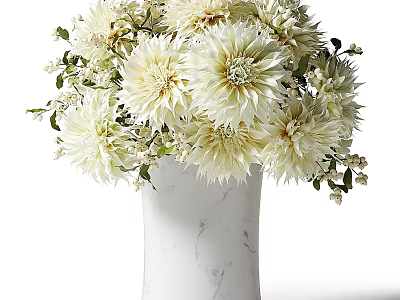 White Marble Vase with White Dahlia Flowers and Green Leaves Arrangement 3d model