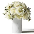 White Marble Vase with White Dahlia Flowers and Green Leaves Arrangement