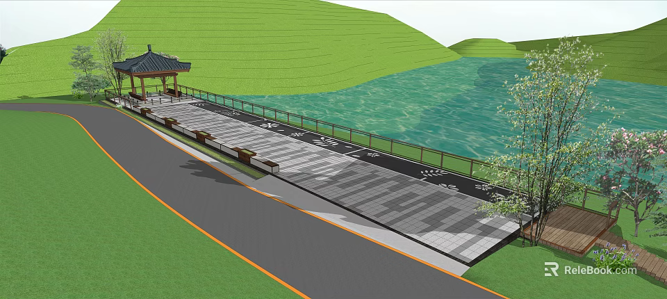 Scenic Outdoor Landscape With Pavilion Wooden Boardwalk Lake View And Green Hills 3d model 