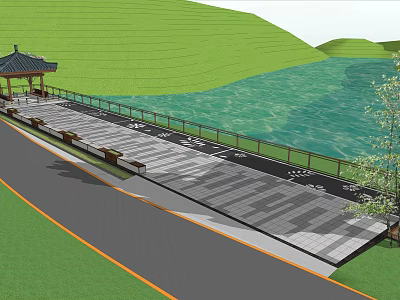 Scenic Outdoor Landscape With Pavilion Wooden Boardwalk Lake View And Green Hills 3d model