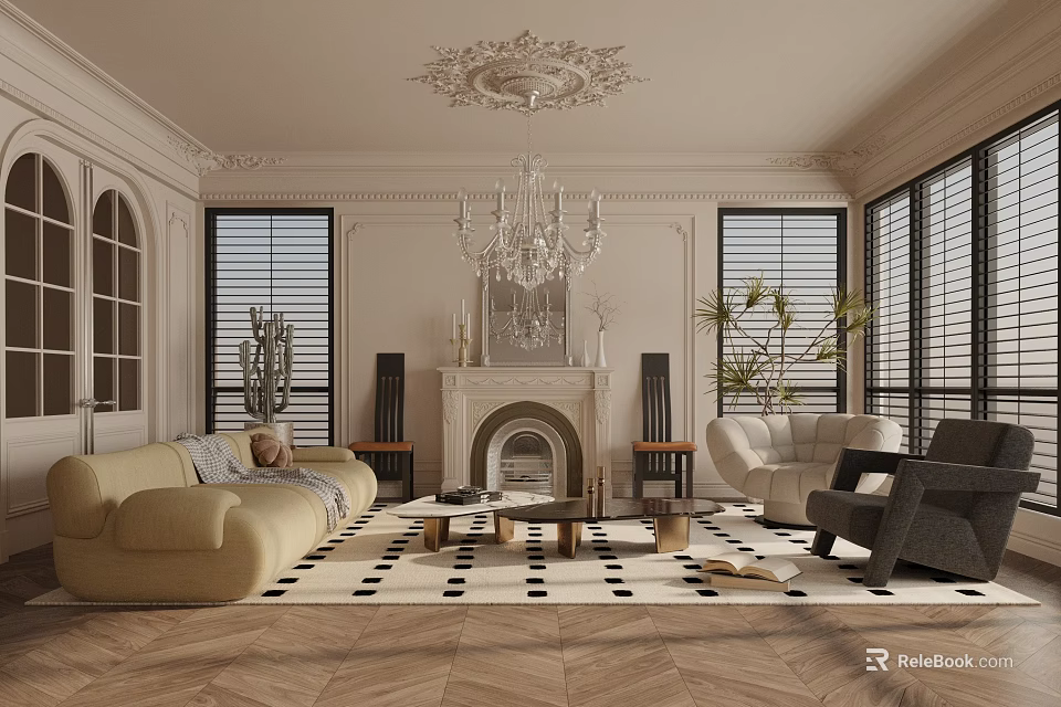 Elegant Living Room With Beige Sofa Fireplace Chandelier And Checkered Rug 3d model 