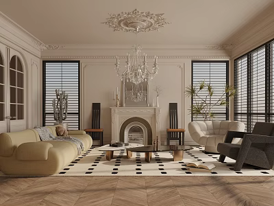 Elegant Living Room With Beige Sofa Fireplace Chandelier And Checkered Rug 3d model