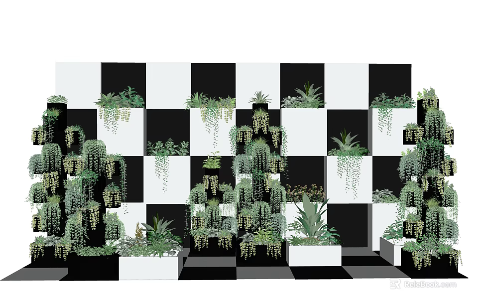 Various Types of Bonsai and Potted Plants on Black and White Checkered Background 3d model 