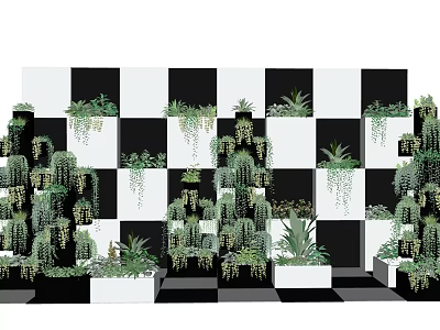 Various Types of Bonsai and Potted Plants on Black and White Checkered Background 3d model