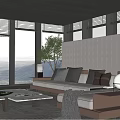Modern Living Room with Large Windows Mountain View Gray Sofa Decorative Wall and Green Plant
