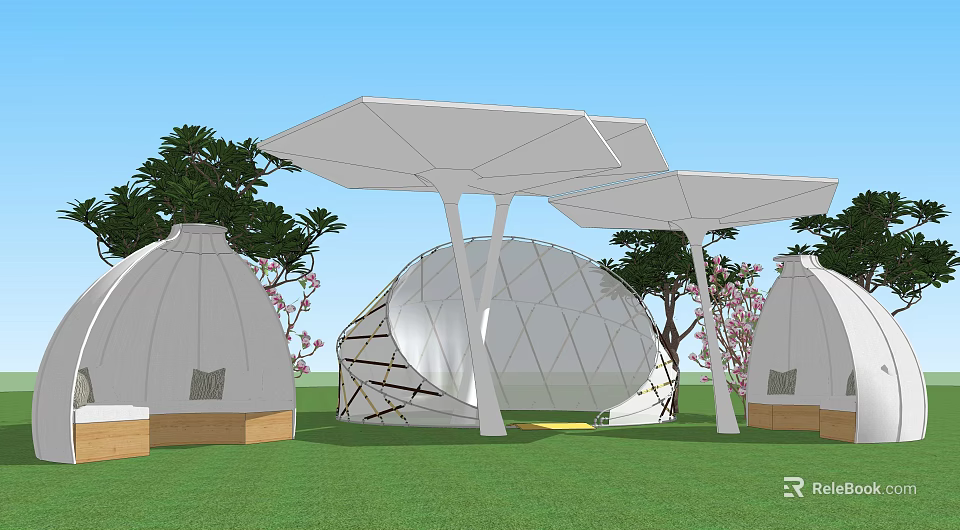 Modern White Pergola Structure With Geometric Canopy Green Lawn And Trees 3d model 