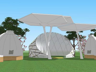 Modern White Pergola Structure With Geometric Canopy Green Lawn And Trees 3d model