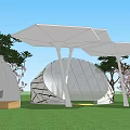 Modern White Pergola Structure With Geometric Canopy Green Lawn And Trees