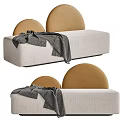 Multi Seater Sofa With Beige Upholstery Round Brown Backrests And Gray Throw Blanket