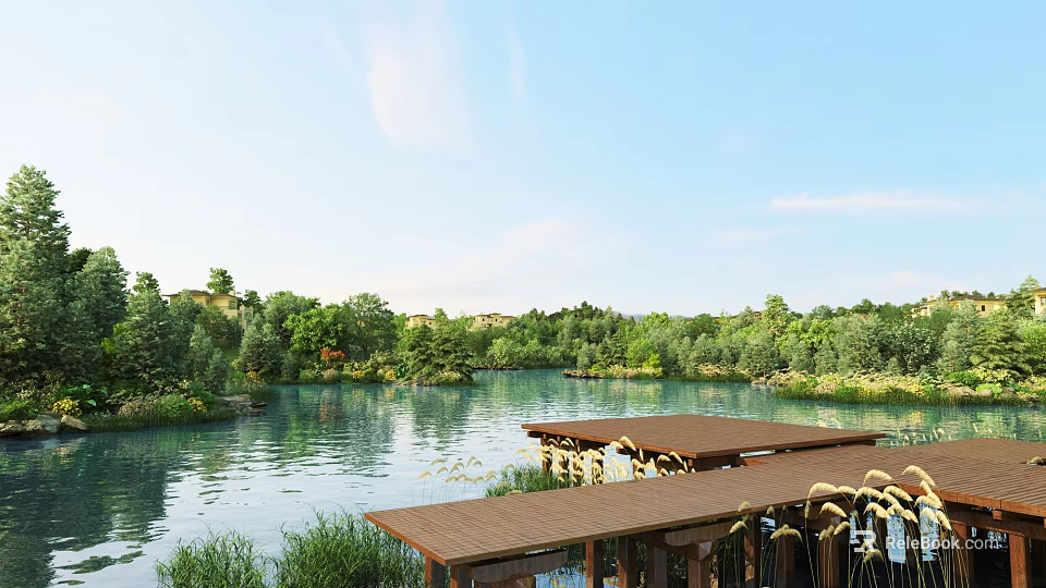 Scenic Lake View With Wooden Platforms And Lush Green Trees 3d model 