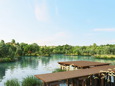 Scenic Lake View With Wooden Platforms And Lush Green Trees 3d model