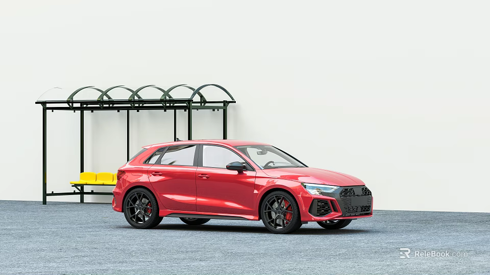 Red Audi Hatchback Parked Near Bus Stop With Yellow Bench And Black Shelter 3d model 
