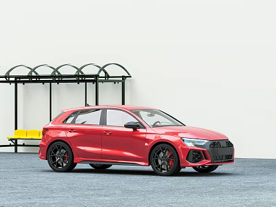 Red Audi Hatchback Parked Near Bus Stop With Yellow Bench And Black Shelter 3d model
