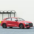 Red Audi Hatchback Parked Near Bus Stop With Yellow Bench And Black Shelter