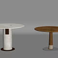 Round Dining Tables Featuring White And Wooden Tops Cylindrical Legs With Golden And Gray Rings