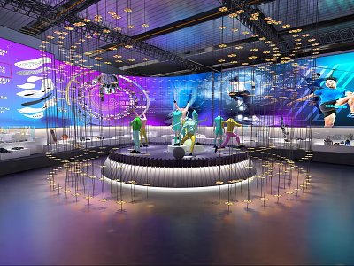 Modern Art Exhibition With Colorful Sculptures Hanging Lights Round Platform And Digital Backdrop 3d model