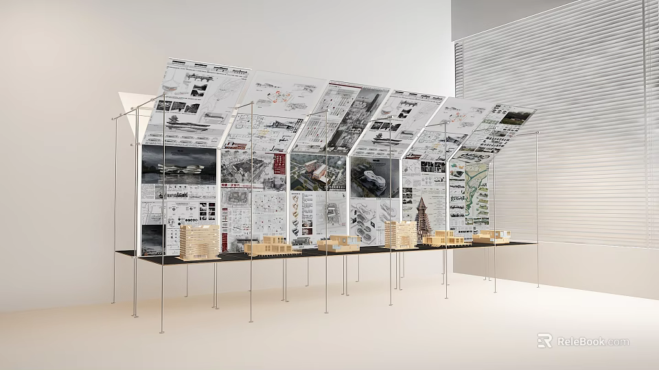 Modern Cultural Art Exhibition Hall Interior With Display Boards And Architectural Models 3d model 