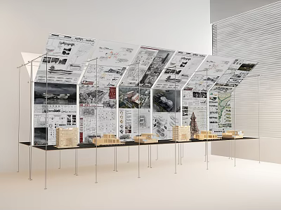 Modern Cultural Art Exhibition Hall Interior With Display Boards And Architectural Models 3d model