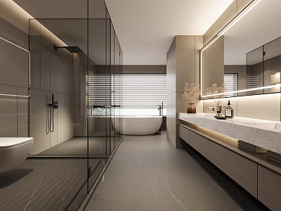 Modern Bathroom Interior With Glass Shower Bathtub Double Vanity Marble Countertop And Long Mirror 3d model