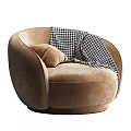 Elegant Beige Velvet Single Sofa With Houndstooth Throw Blanket And Soft Pillow For Living Room