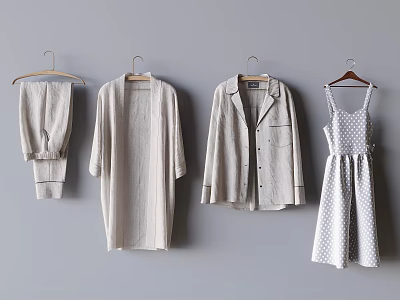 Light Clothes Hanging On Gray Background Featuring Loungewear Cardigan Shirt Jacket And Polka Dot Dress 3d model