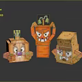 Minecraft Blocky Characters And Creatures With Orange Red Yellow Facial Expressions And Green Plant Decorations