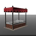 White Outdoor Daybed With Red Canopy Gazebo Style Structure And Stone Base