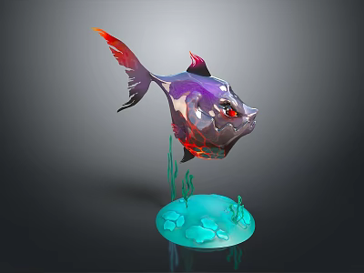 Colorful Decorative Fish Figurine With Blue Base And Green Seaweed Stones 3d model